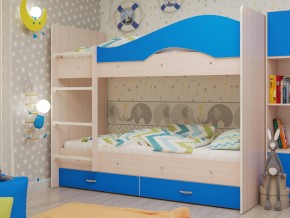 Кровать 2-х ярусная Мая с ящиками на латофлексах млечный дуб/синий в Сургуте - surgut.magazinmebel.ru | фото